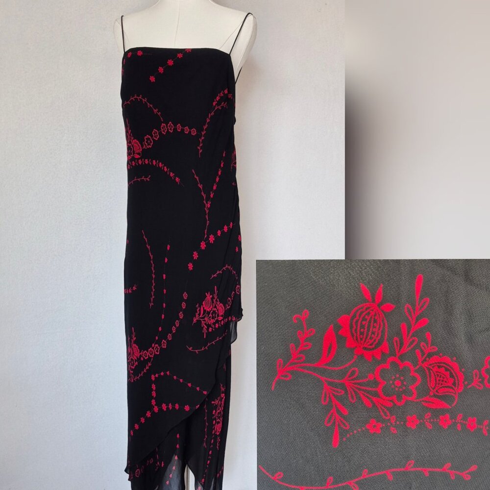 EVA BLUE Y2K Flora Chiffon Spaghetti Strap Slip Dress Asymmetrical Hem Size 16